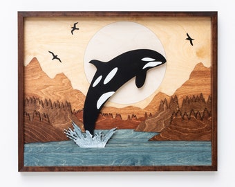 Orca Whale Ocean Seascape 3D Wood Shadow Box Scene / Laser Cut Inlaid Birds, Moon, Mountains / Handcrafted / Pacific Northwest Artwork