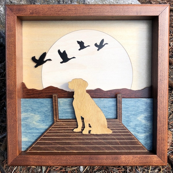 Yellow Labrador 3D Wood Shadow Box / Golden Retriever/ Dog on Dock with Ducks, Lake , Mountain, Moon / Handcrafted Laser Cut, Etched, Inlaid