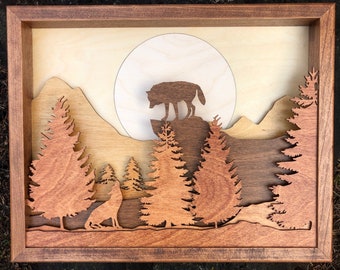 Wolves in Forest 3D Wood Shadow Box / Laser Cut and Inlaid / Moon / Mountains / Forest / Handcrafted and Inlaid / Wilderness Wolf Pack