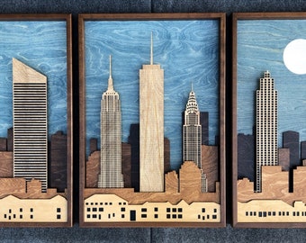 New York City Skyline 3D Wood Shadow Box Triptych / Laser Cut  / Handcrafted / Etched, Inlaid / Empire State Building / The Big Apple NY Art