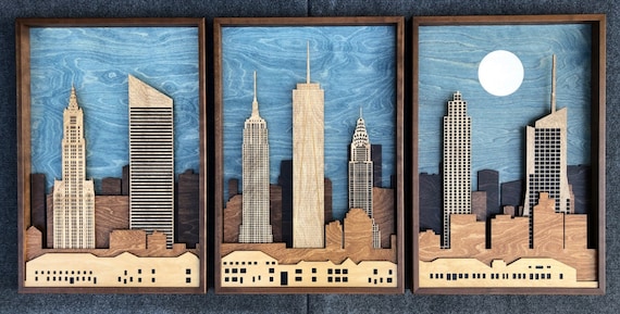 New York City Skyline 3D Wood Shadow Box Triptych / Laser Cut 