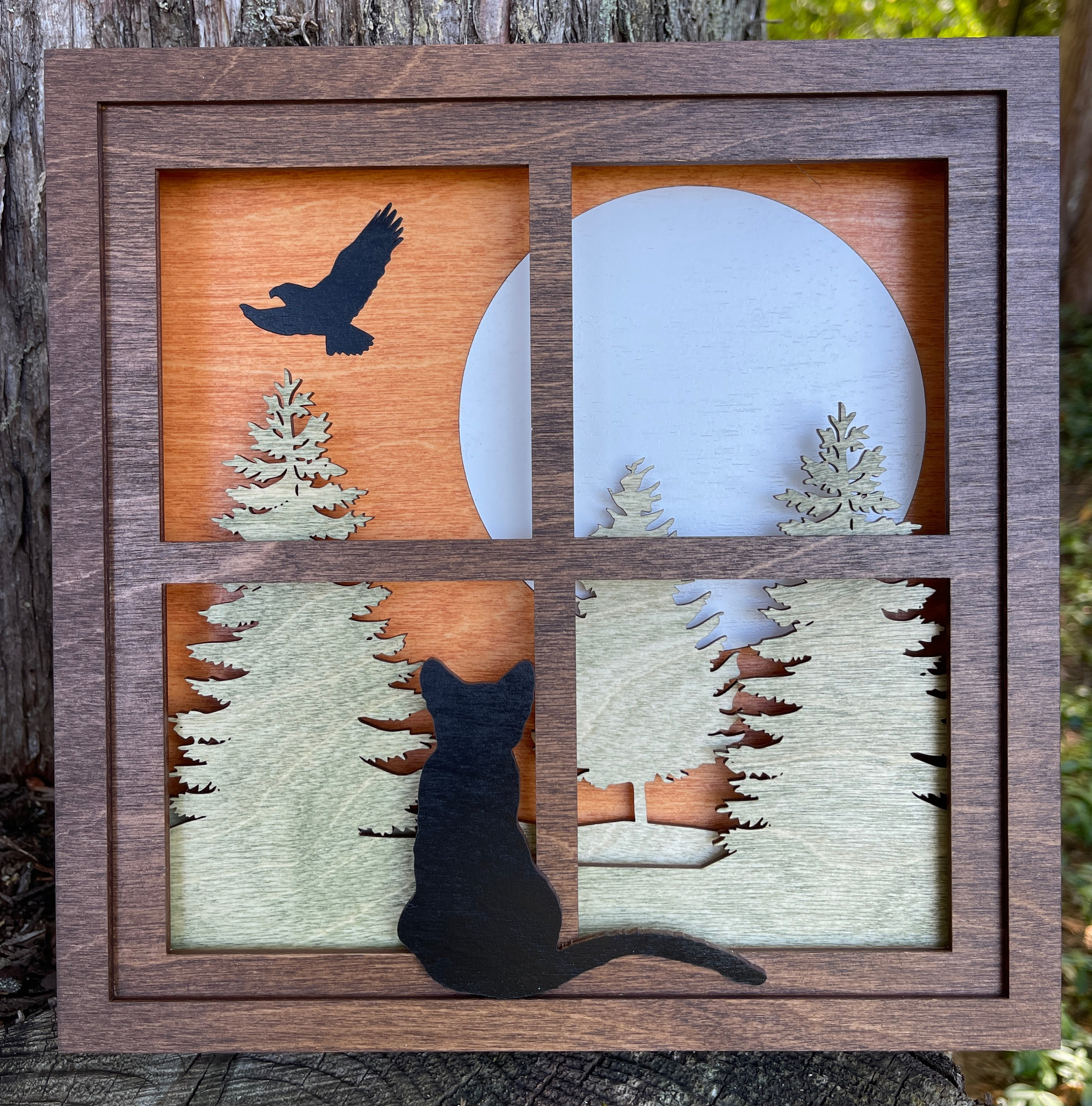 黒猫のシャドーボックス、3D木製象嵌シーン、森、鷲、月 - Etsy 日本