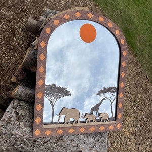 Mirror Wall Decor 3D African Wildlife Layered Wood, Etched and Inlaid 4 layers, Mirror Wall Art, Serengeti Wall Mirror Scene, Handcrafted