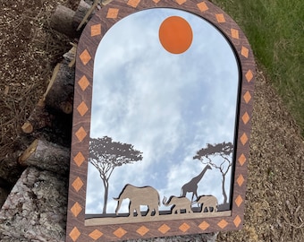 Handcrafted Serengeti African Wildlife Wood Inlay Mirror