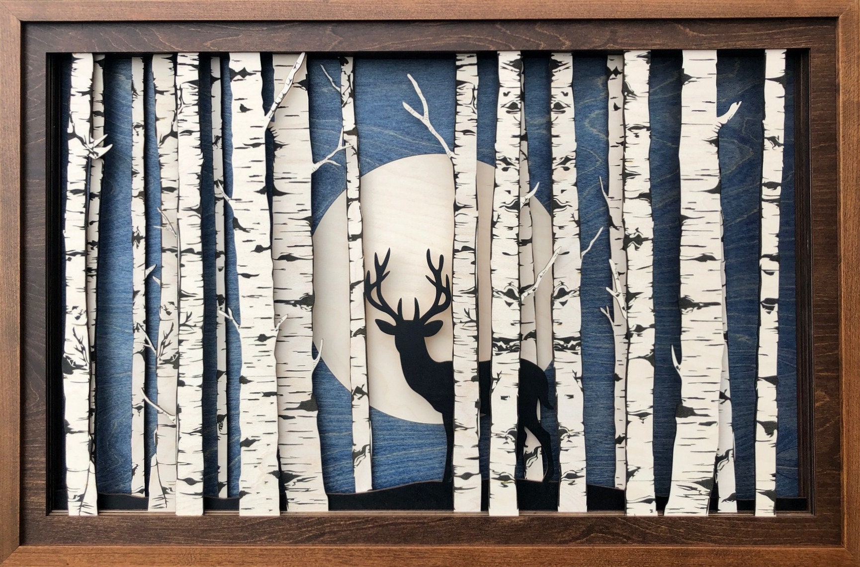 Cerf Dans Birch Forest 3D Wood Shadow Box Scène/Complexe Laser Cut & Graved Buck Moon, Trees, Stag, 