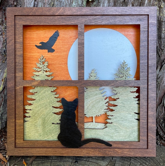 黒猫のシャドーボックス、3D木製象嵌シーン、森、鷲、月 - Etsy 日本