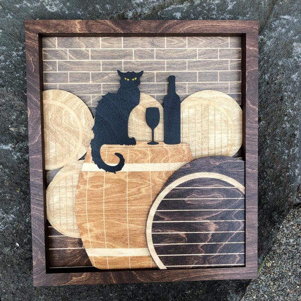 Cat in Winery with Barrels 3D Wood Shadow Box Scene / Handcrafted / Etched, Inlaid / Glass and Bottle / Wine Cellar / Kitty Art / Vintner Cat in Winery with Barrels 3D Wood Shadow Box Scene / Handcrafted / Etched, Inlaid / Glass and Bottle / Wine Cellar / Kitty Art / Vintner