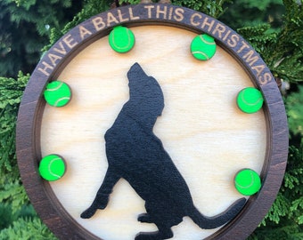 3D Dog Ornament Playing Chasing Balls / 3D Laser Cut and Etched Wood Christmas Decoration / Dog Lover Handcrafted / Canine Fetching Balls