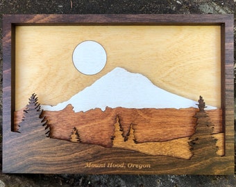 Mount Hood 3D Wood Shadow Box, Laser Cut Oregon Landscape