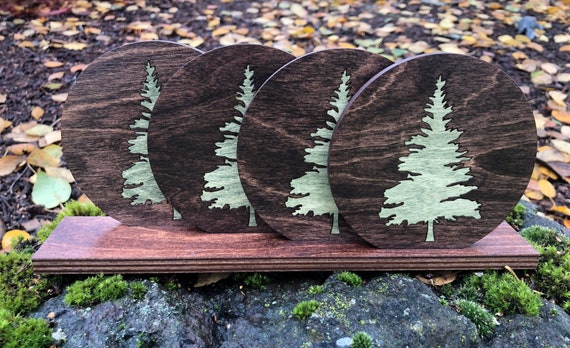 Inlaid Wood Coasters, Evergreen Tree Design, Set of 4 with Stand