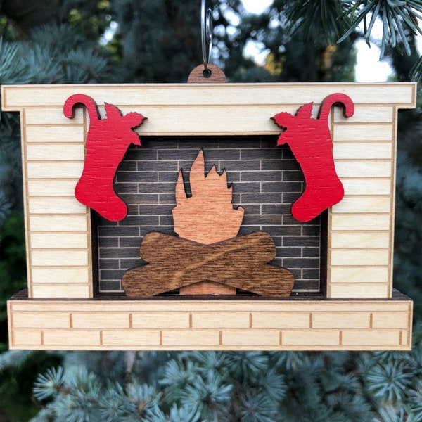 Fireplace Christmas Ornament 3D Wood / Intricately Laser Cut 5 Layers / Natural Wood Stain / Handcrafted / Etched Hearth, Flames and Logs