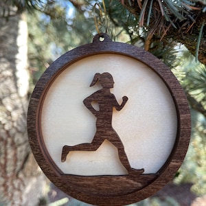 Female Runner 3D Wood Ornament, Woman Jogging Laser Cut Christmas Decor, Great Stocking Stuffer,