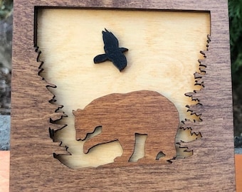 3D Wood Shadow Box: Bear & Hawk, Pacific Northwest Art (4x4")