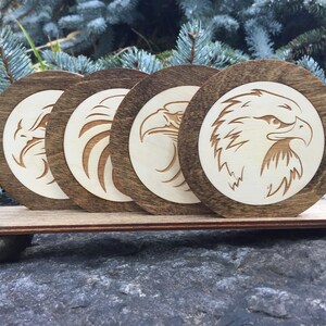 Eagle Wood Coasters Set of 4 in Stand / Laser Cut Wood, Etched, Inlaid / Drink Coasters / Baltic Birch / Precision Laser Cut