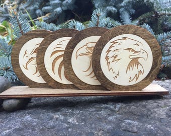 Eagle Wood Coasters Set, Etched Baltic Birch, Drink Coasters with Stand