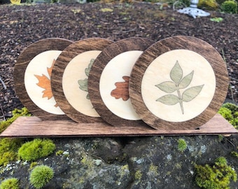 Handcrafted Wood Leaf Coasters with Stand, Fall Decor, Set of 4