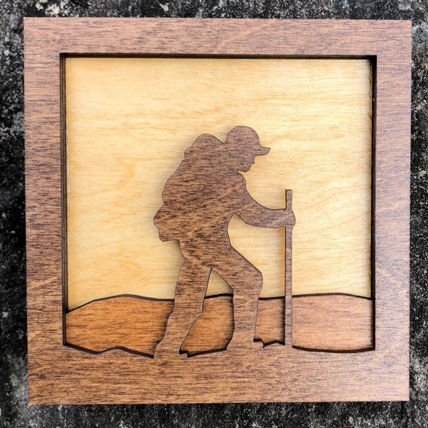 Hiker, Backpacker 3D Wood Shadow Box 4x4" Small Scene Artwork, Handcrafted Laser Cut, Outdoors Nature, Mountains, Wilderness Hiking