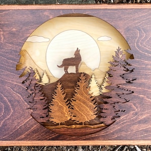 Howling Wolf in Forest 3D Wood Shadow Box Scene / Laser Cut, Inlaid, Natural Shades in Circle / Moon / Mountains / Forest / Handcrafted