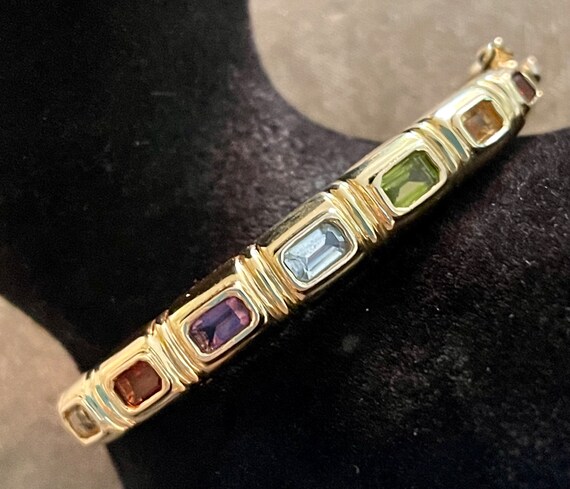 Vintage Solid 14K Multi Gemstone Hinged Bangle Br… - image 1
