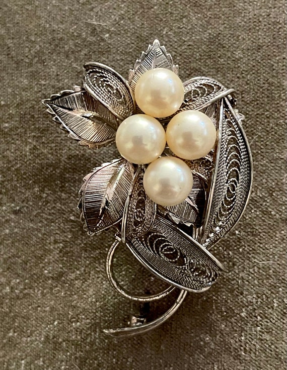 Vintage Mid Century Japan Silver Filigree Genuine Pearl Brooch Etsy