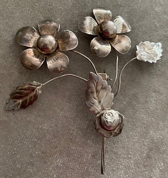 Large Sterling Floral Brooch