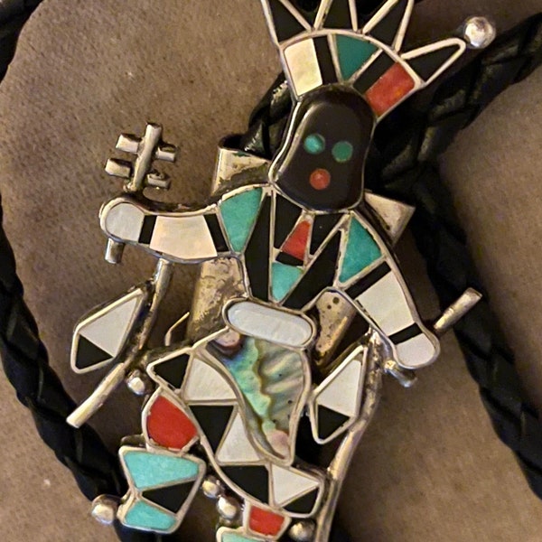 Lovely Zuni Lynette Laiwakete Sterling Silver Inlaid Apache Crown Dancer Bolo Tie