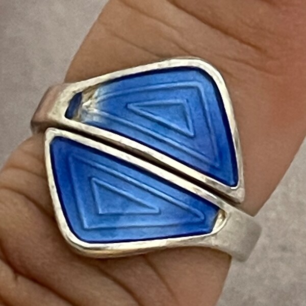 Vintage Aksel Holmsen Blue Enamel Bypass Modernist Sterling Ring