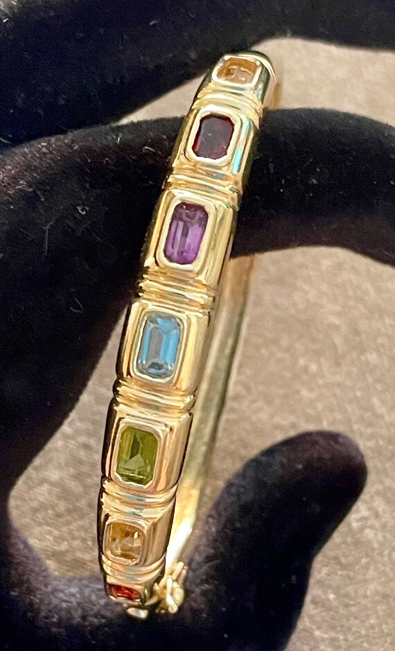 Vintage Solid 14K Multi Gemstone Hinged Bangle Br… - image 2