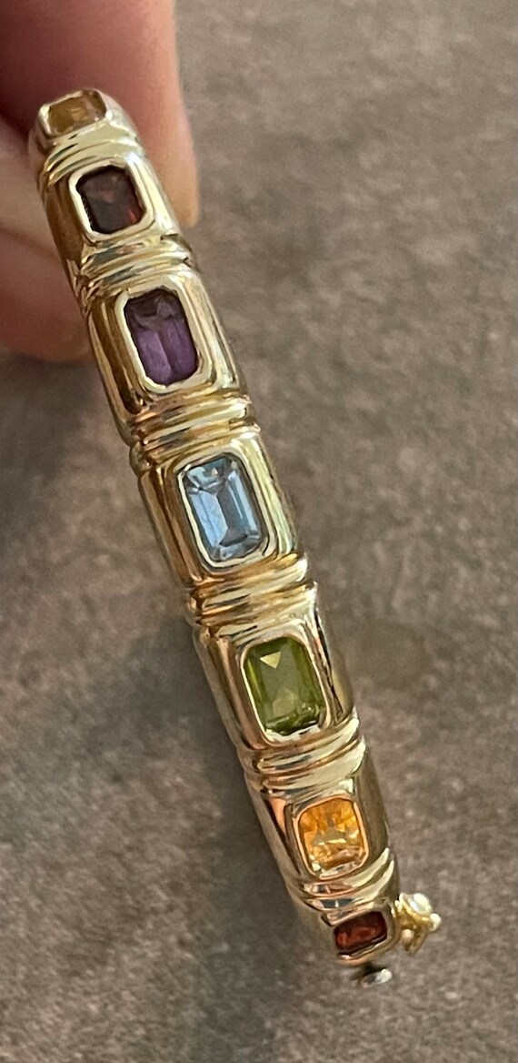 Vintage Solid 14K Multi Gemstone Hinged Bangle Br… - image 6