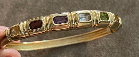 Vintage Solid 14K Multi Gemstone Hinged Bangle Br… - image 7