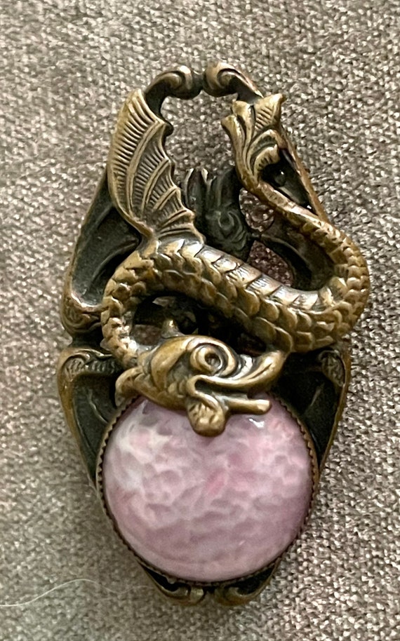 Antique Bronze Flying Serpent Pink Art Glass Brooc