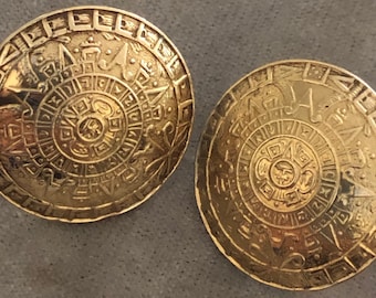 Vintage14K Sterling Taxco Mexico Mayan Calendar Screwback Earrings