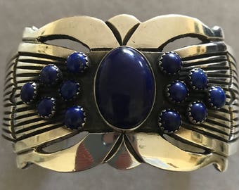 Vintage Large Navajo Rick Martinez Sterling Blue Lapis Cuff Bracelet