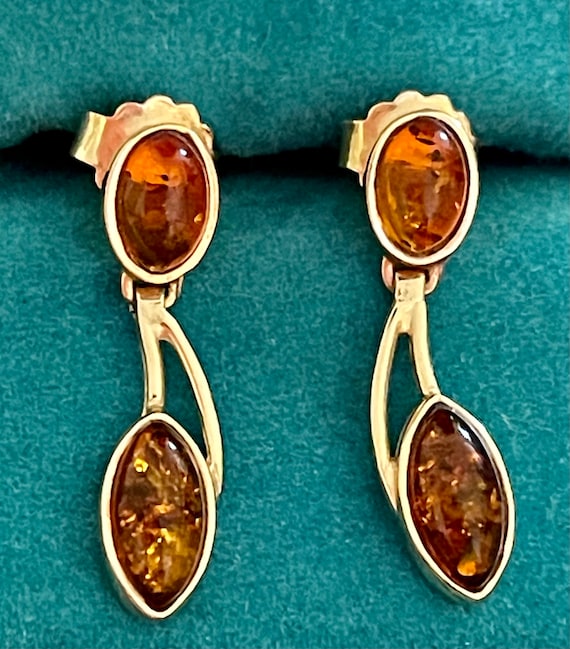 14K 585 Yellow Gold Baltic Amber Dangling Pierced… - image 1