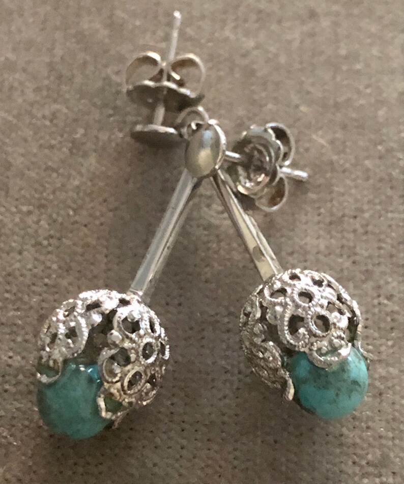 Vintage Wells Sterling Turquoise Squash Blossom Drop Earrings Etsy