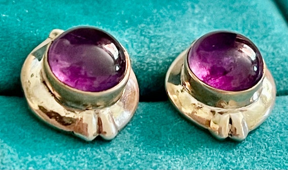 Sterling Button Size Cabachon Amethyst Earrings - image 1