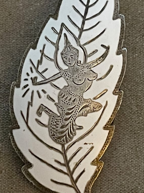 Vintage SIAM Sterling Enamel Goddess Leaf Brooch