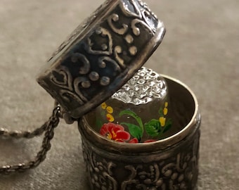 Antique 1880s Sterling Thimble Holder Pendant Necklace