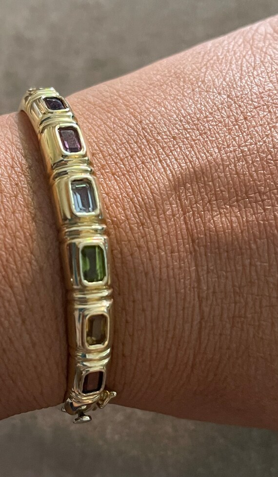 Vintage Solid 14K Multi Gemstone Hinged Bangle Br… - image 4