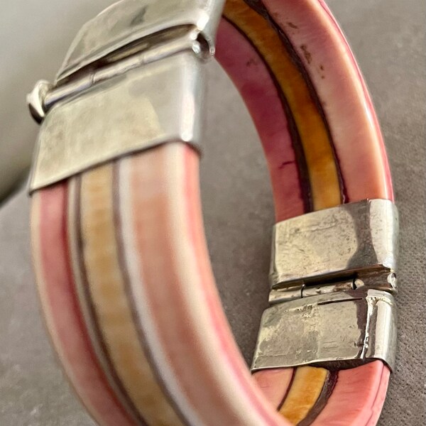RSV For Denise Hernanadez: Vintage Silver Mid Century Ethnic Tribal (Rajasthan) Colored Bone Trombone Hinged Bracelet