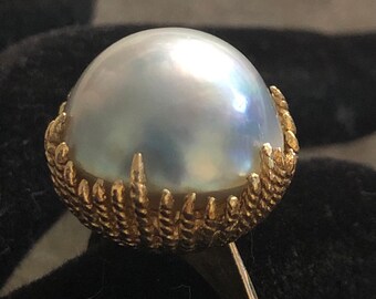 Large Vintage 14K Sea of Cortez Silver Rainbow Blue Mabe Pearl Ring.