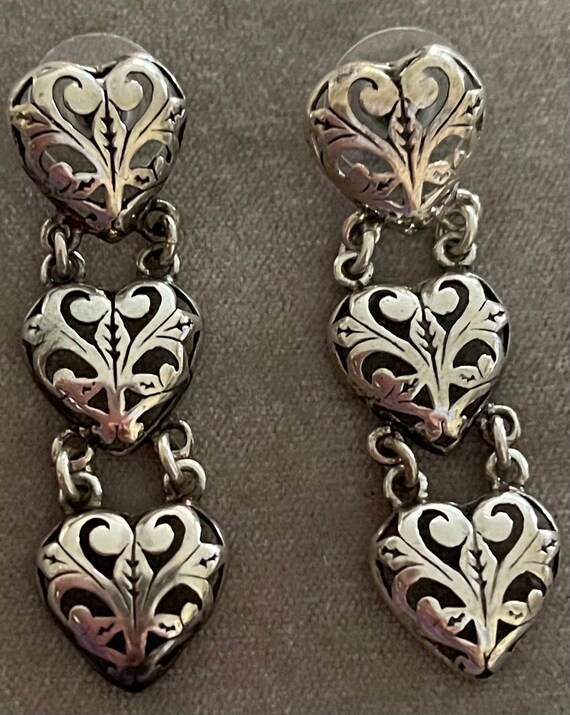 Three Hearts Shadowbox Scroll Openwork Drop Earri… - image 2