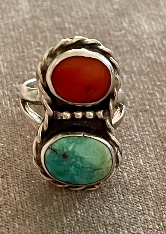 Sterling Turquoise Red Coral Ring