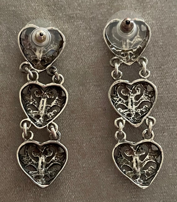 Three Hearts Shadowbox Scroll Openwork Drop Earri… - image 3