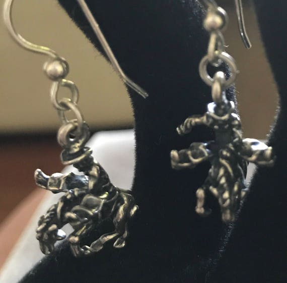 Sterling Bucking Bronco Rodeo Cowboy Dangling Ear… - image 2