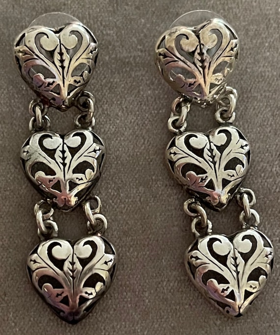 Three Hearts Shadowbox Scroll Openwork Drop Earri… - image 1