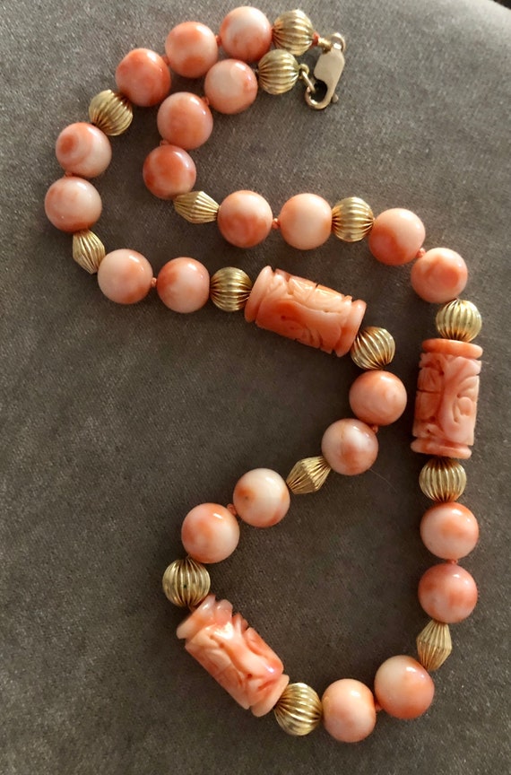 Vintage Carved Pink Angel Skin Coral Shou Beads G… - image 3