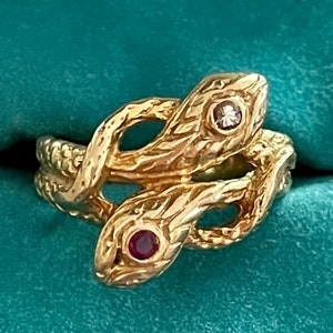 Vintage Eternal and Everlasting Symbol of Love 14K Diamond and Ruby Love Knot Serpent Ring