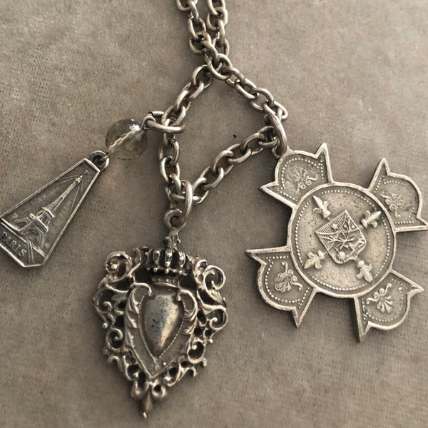 French Kande Silver Tone Paris Endless Heart Merit Maltese Cross Charm Necklace