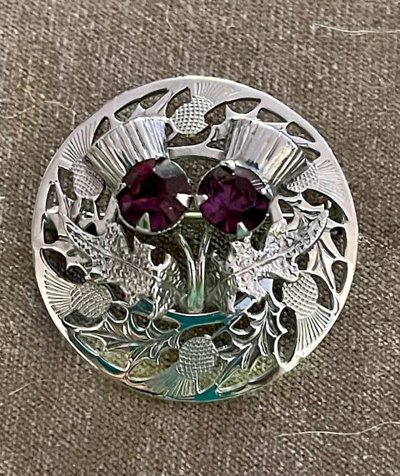 MIZPAH Scottish Silver Tone Thistle Purple Glass … - image 1